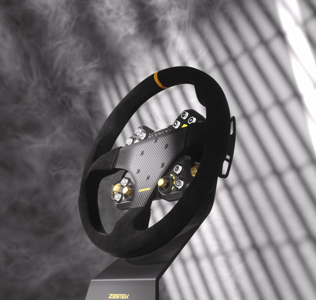 Zestek SCX Pro racing steering wheel hub for Audi mounted to a 330mm suede wheel with RGB buttons and magnetic paddle shifters at Tuned By Shawn