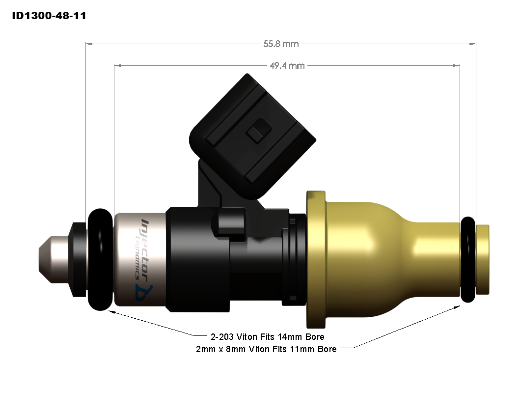 ID1300-XDS injector dimensional drawing, 48mm body, 11mm top