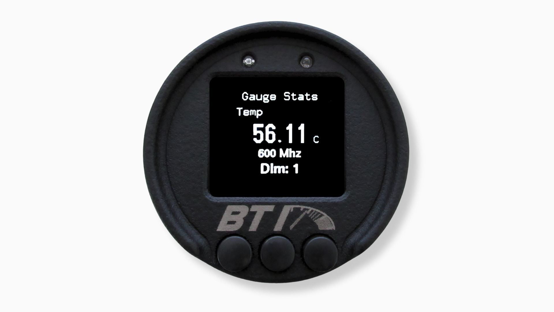 BTI 52mm CAN gauge stats screen showing internal temperature, processor speed and dim level, Tuned By Shawn