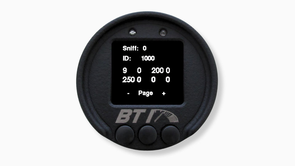 BTI 52mm CAN gauge CAN sniff screen displaying raw CAN ID and data bytes for diagnostics, Tuned By Shawn