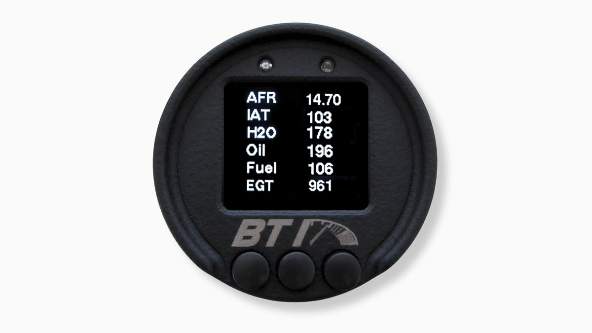 BTI 52mm CAN gauge six-parameter screen showing AFR, IAT, coolant, oil, fuel and EGT, Tuned By Shawn