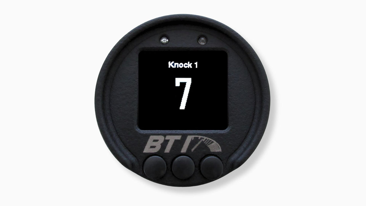 BTI 52mm CAN gauge single parameter screen showing engine knock count, Tuned By Shawn