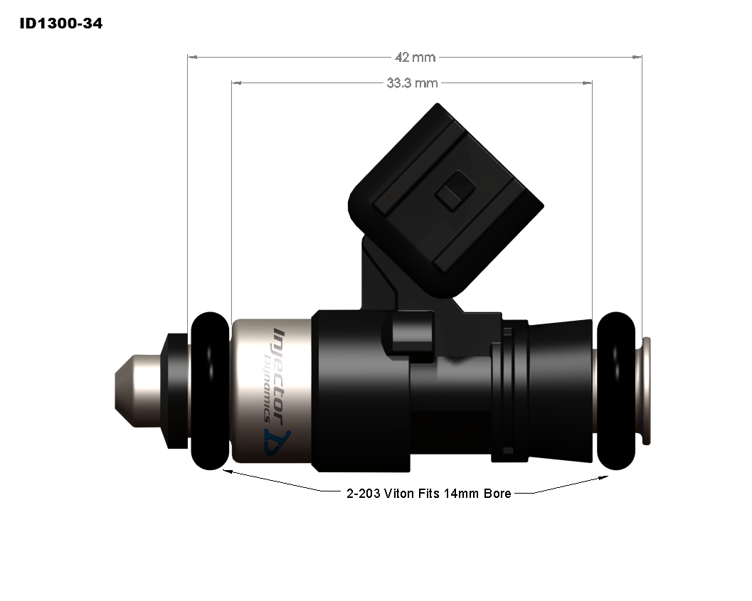 ID1300-XDS 34mm body dimensional drawing, 34mm body, 14mm top (no adapter), 14mm lower o-ring