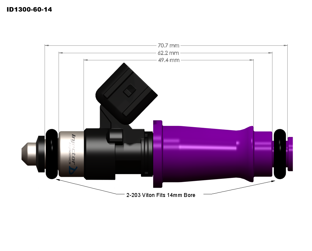 ID1300-XDS 60mm body dimensional drawing, 60mm body, 14mm adapter top, Denso lower cushion