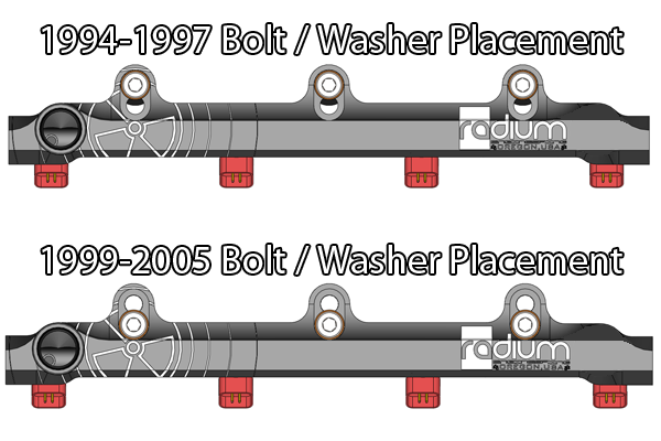 Radium BP 1.8L fuel rail with phenolic insulating washers, sold by Tuned By Shawn