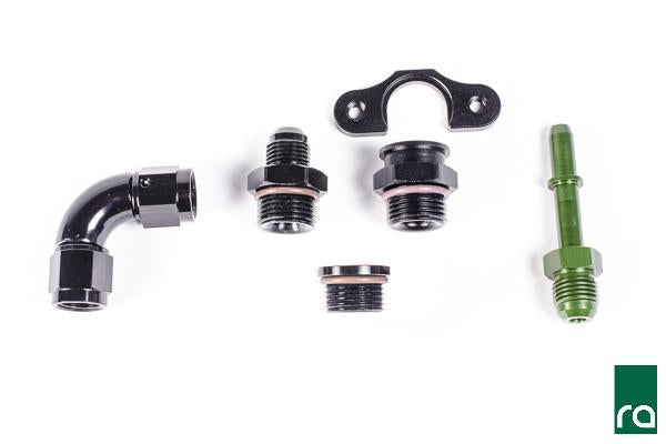 Radium adapters connecting OEM Miata lines to the 20-0369 rail, Tuned By Shawn