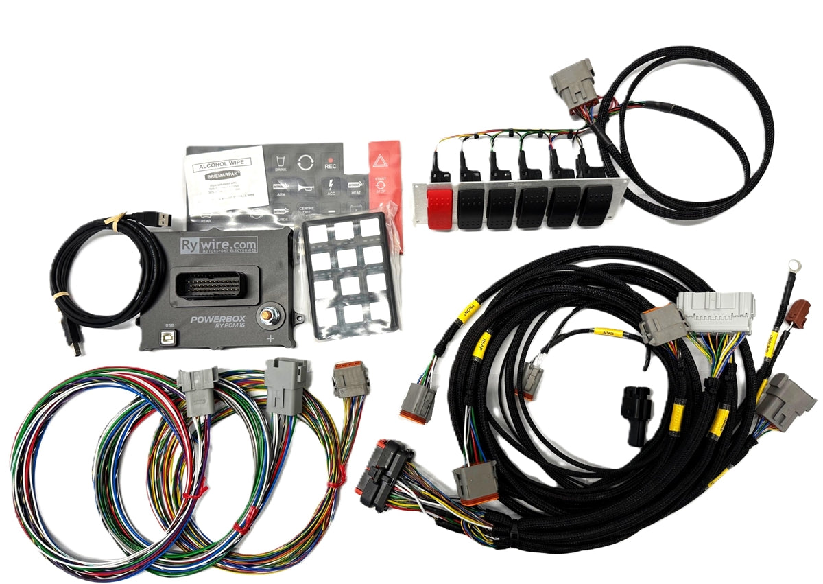 Rywire universal chassis harness with 16-channel PDM power distribution module, sold by Tuned By Shawn