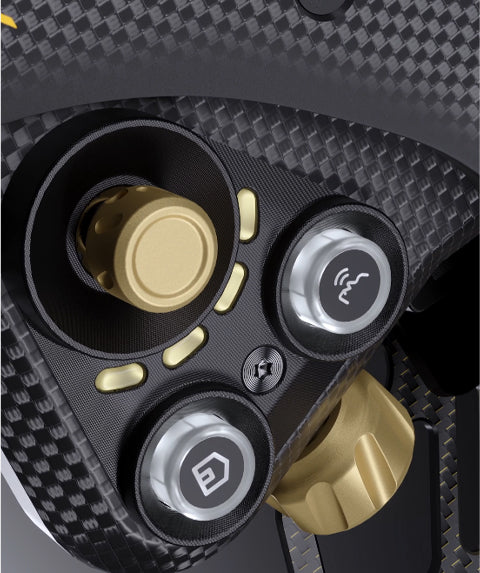 Close-up of the Universal SCX Pro hub gold rotary encoder and backlit buttons, Tuned By Shawn