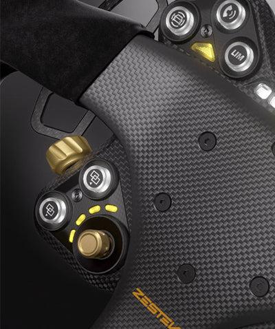 Left button cluster of the Volkswagen Zestek SCX Pro hub showing dual-stage RGB buttons, rotary knob and woven carbon fiber front panel, sold by Tuned By Shawn