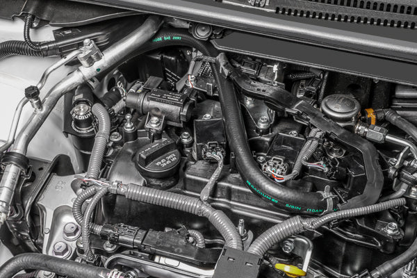 Radium GR Corolla catch can under OEM engine cover, sold by Tuned By Shawn
