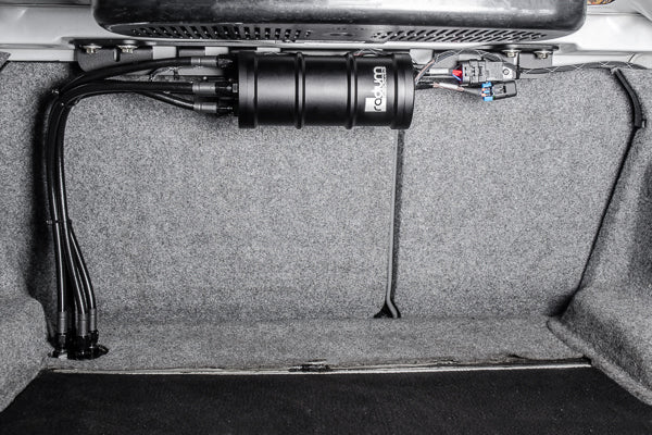 Radium E46 fuel surge tank install kit installed in trunk 20-0974