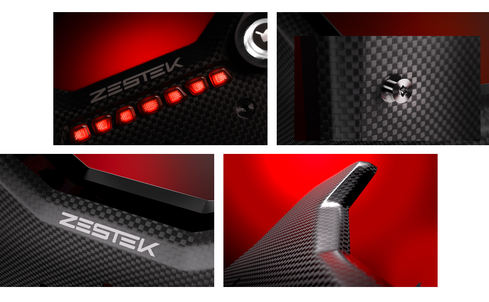 Detail views of the Zestek SCX Pro hub for Universal: shift light bar, carbon fiber weave and paddle shifter edge, from Tuned By Shawn