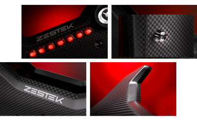 Detail views of the Zestek SCX Pro hub for Subaru: shift light bar, carbon fiber weave and paddle shifter edge, from Tuned By Shawn