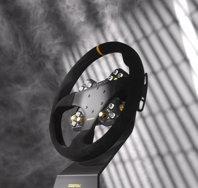 Zestek SCX Pro racing steering wheel hub for Universal mounted to a 330mm suede wheel with RGB buttons and magnetic paddle shifters at Tuned By Shawn