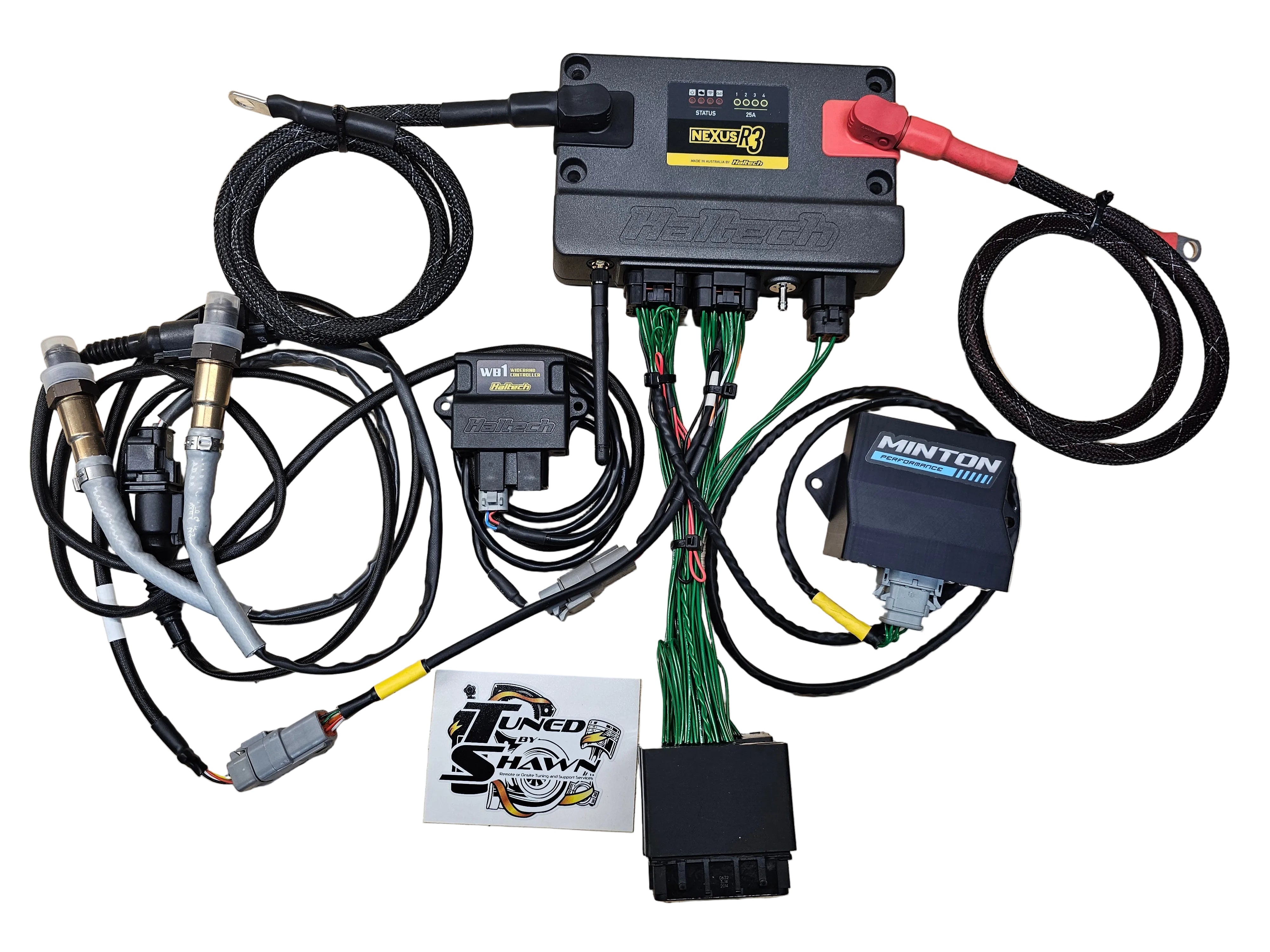 Haltech Nexus R3 plug and play kit contents: VCU, engine harness, and CAN integration module