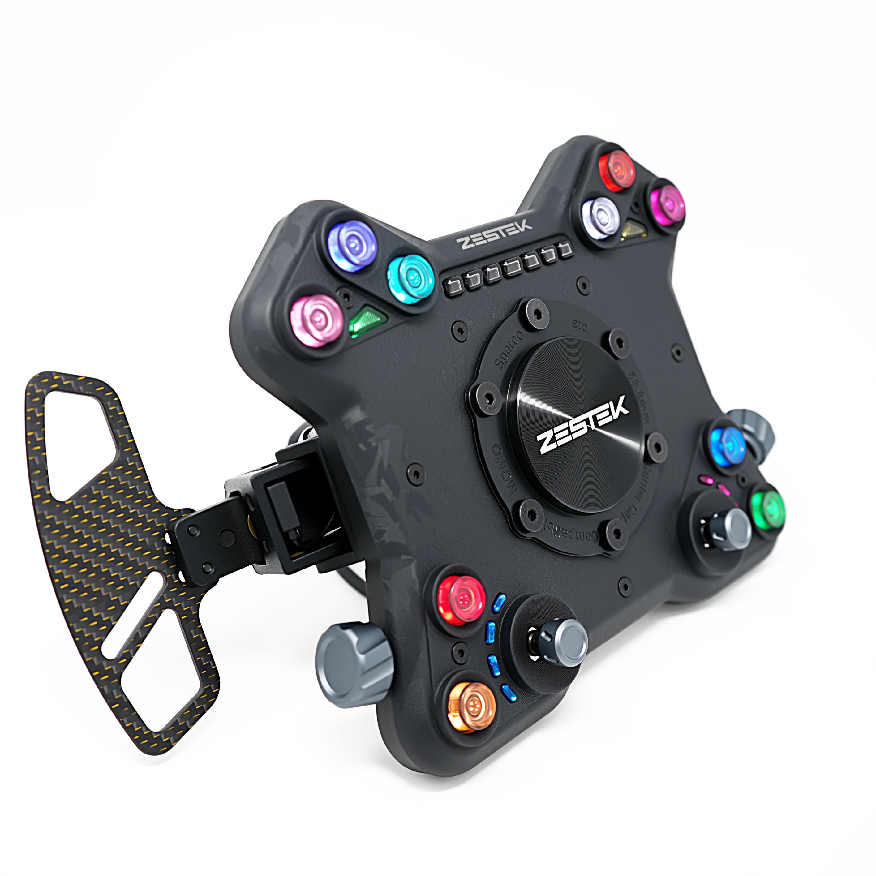Zestek SCX hub for BMW mounted to a 330mm racing wheel with pogo-pin quick release, Tuned By Shawn authorized dealer
