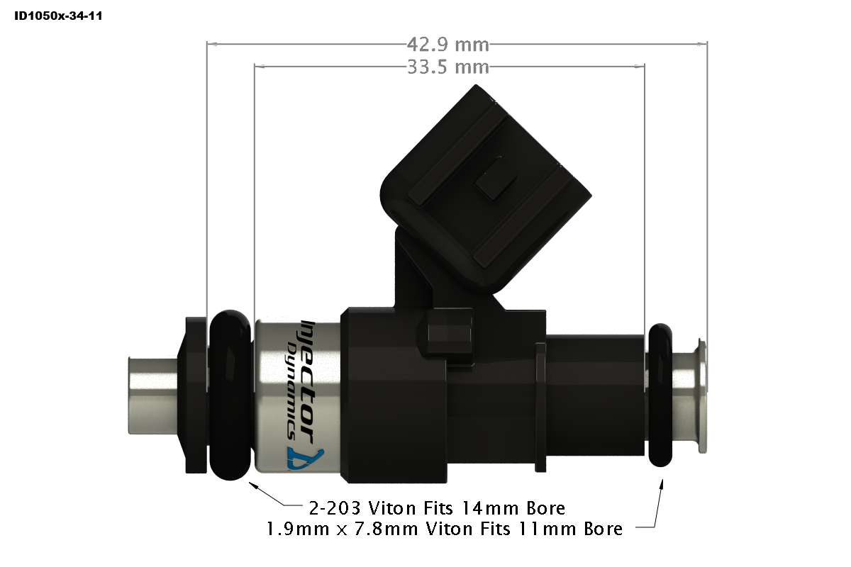 ID1050-XDS injector dimensional drawing, 34mm body, 11mm top