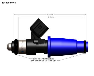 ID1300-XDS injector dimensional drawing, 60mm body, 11mm top