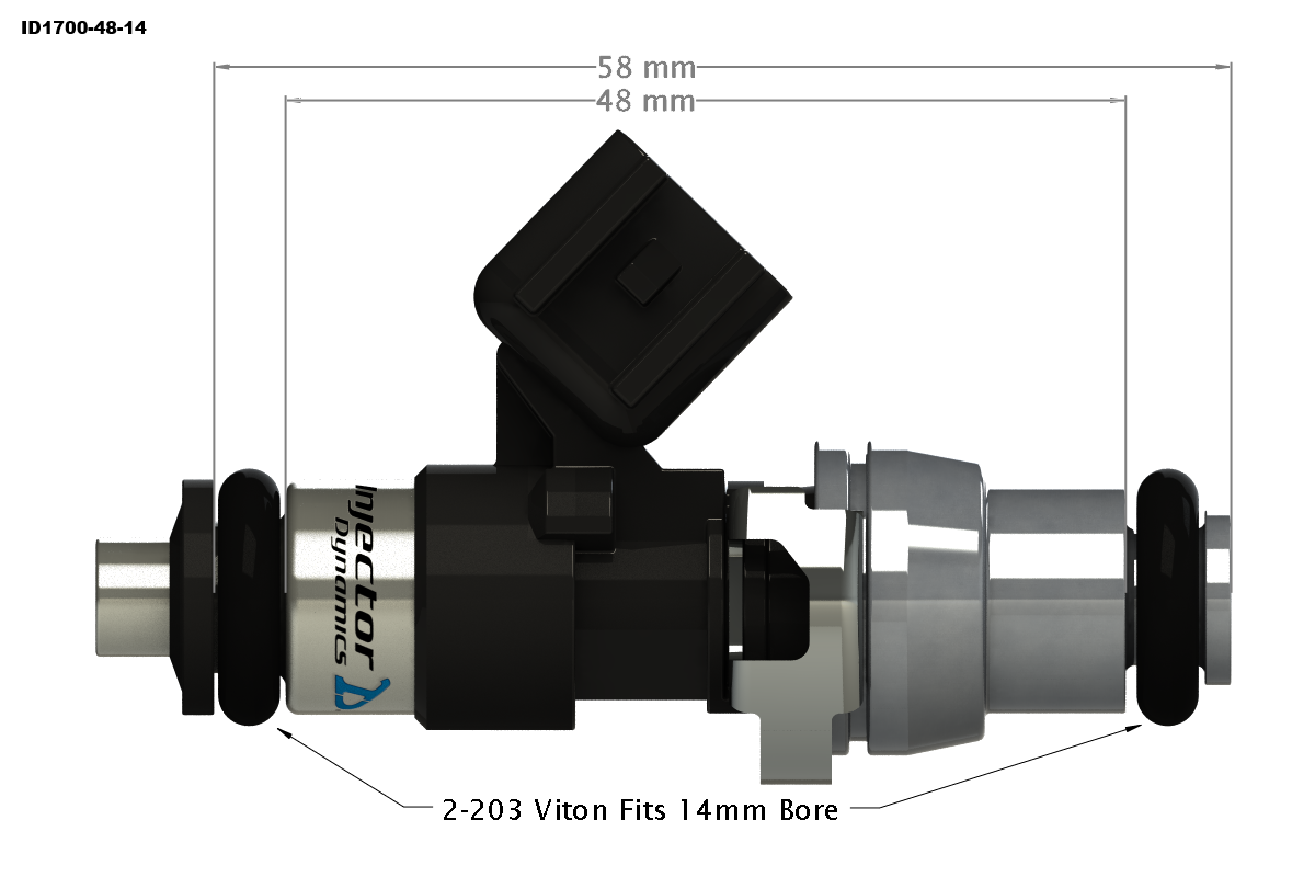 ID2600-XDS injector dimensional drawing, 48mm body, 14mm top
