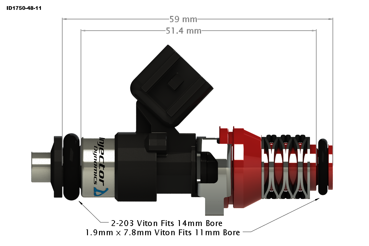 ID1750-XDS injector dimensional drawing, 48mm body, 11mm top
