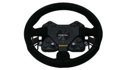 Italian suede wrap detail on the Sabelt SW-633 racing wheel, sold by Tuned By Shawn