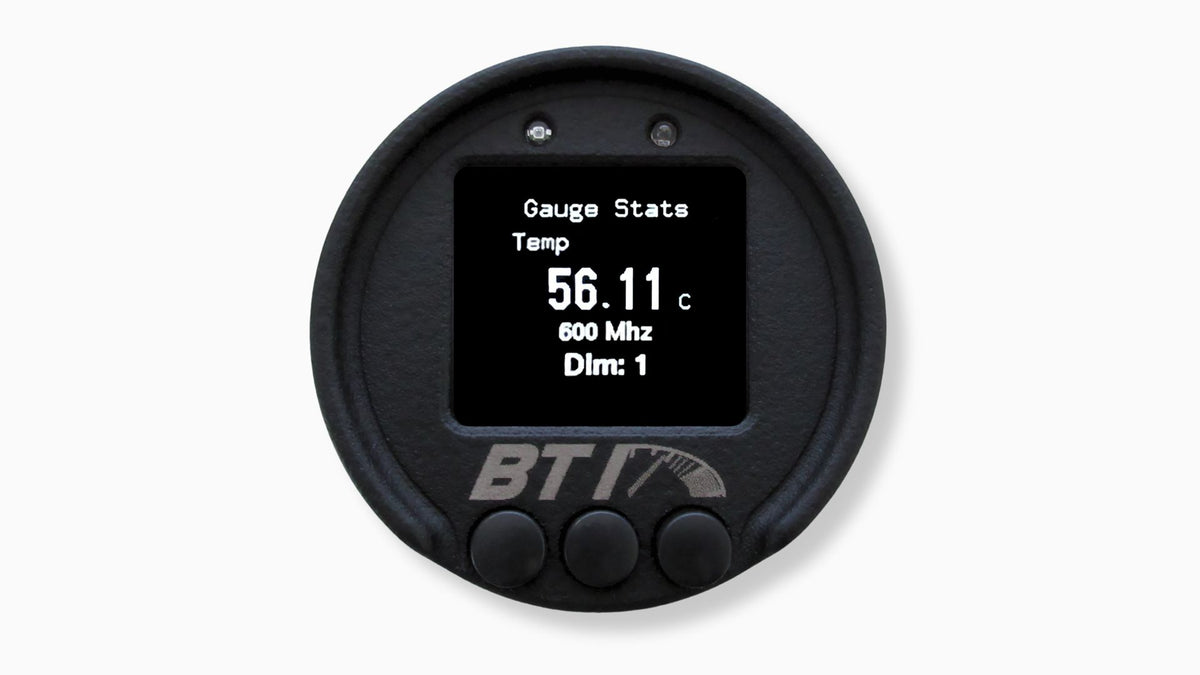 BTI 52mm CAN gauge stats screen showing internal temperature, processor speed and dim level, Tuned By Shawn