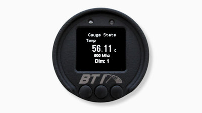 BTI 52mm CAN gauge stats screen showing internal temperature, processor speed and dim level, Tuned By Shawn