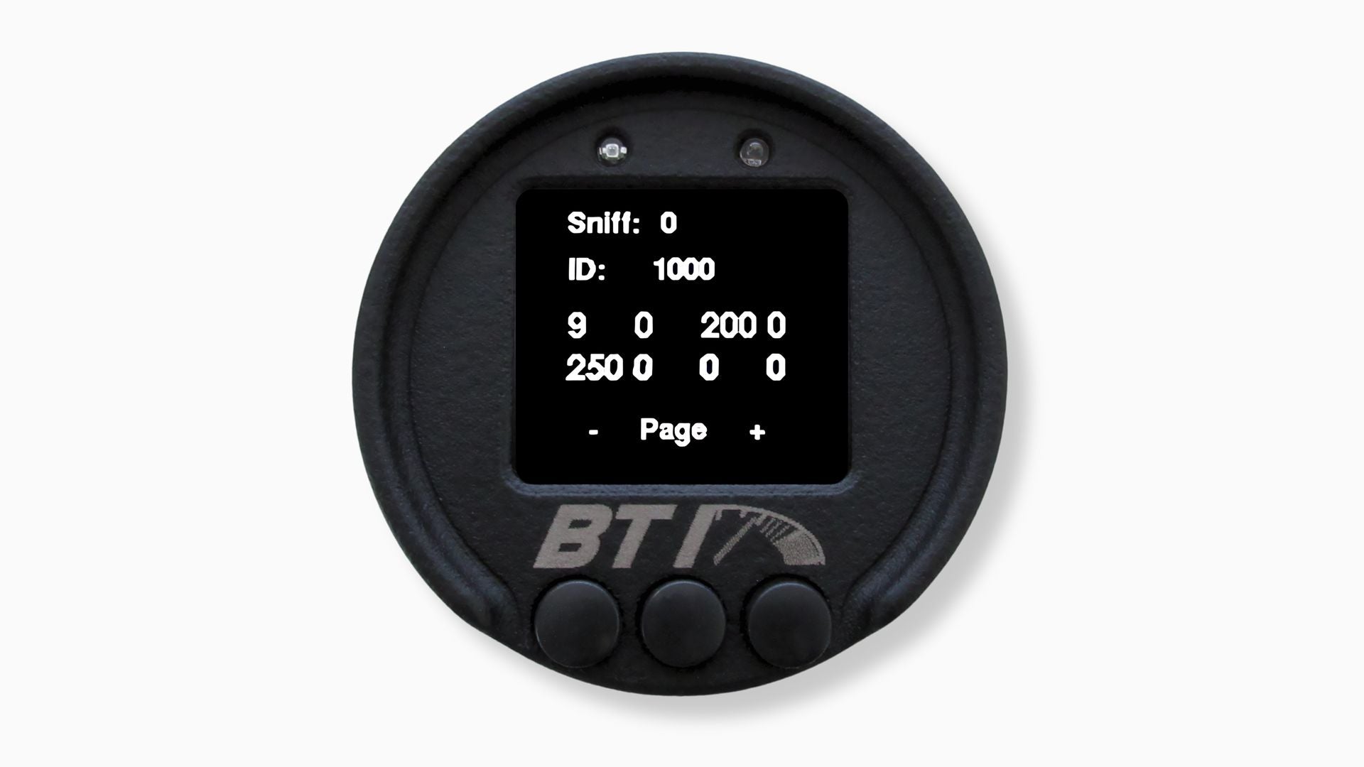 BTI 52mm CAN gauge CAN sniff screen displaying raw CAN ID and data bytes for diagnostics, Tuned By Shawn