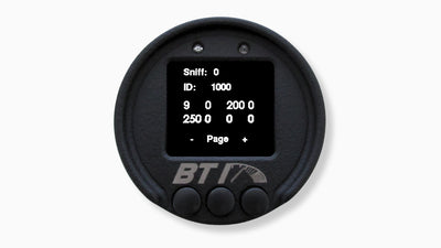 BTI 52mm CAN gauge CAN sniff screen displaying raw CAN ID and data bytes for diagnostics, Tuned By Shawn