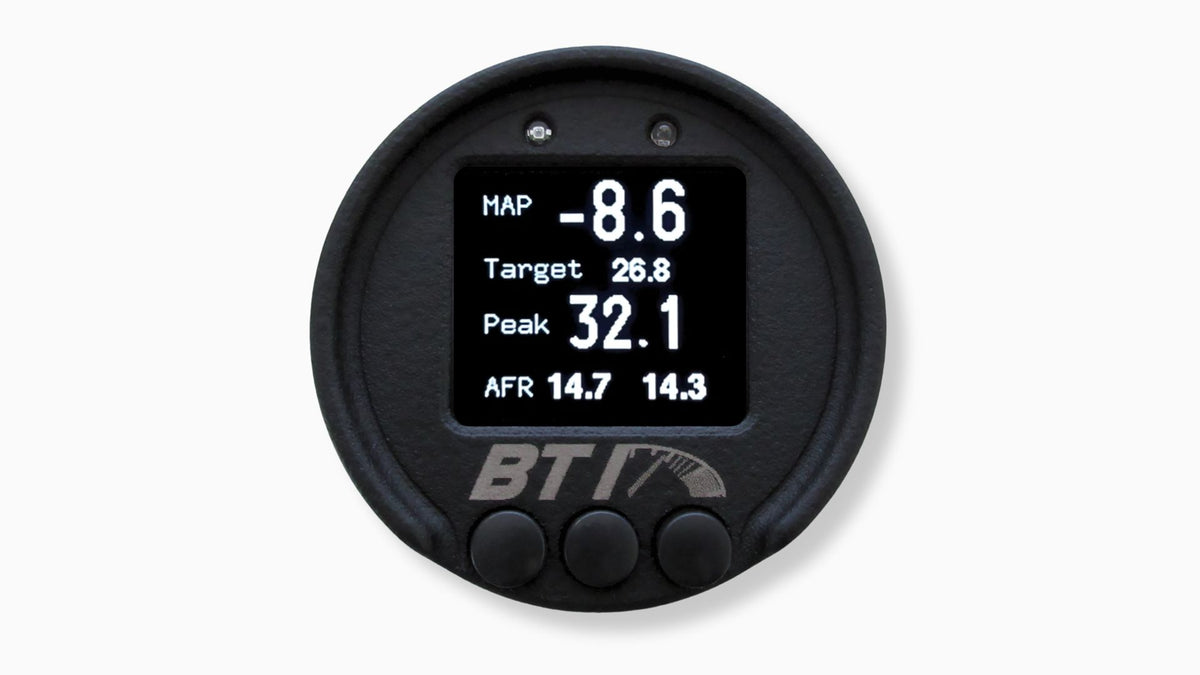 BTI 52mm Multi-Integration OLED CAN gauge showing the boost screen with MAP, target boost, peak boost and AFR, from Tuned By Shawn