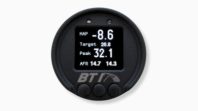 BTI 52mm Multi-Integration OLED CAN gauge showing the boost screen with MAP, target boost, peak boost and AFR, from Tuned By Shawn