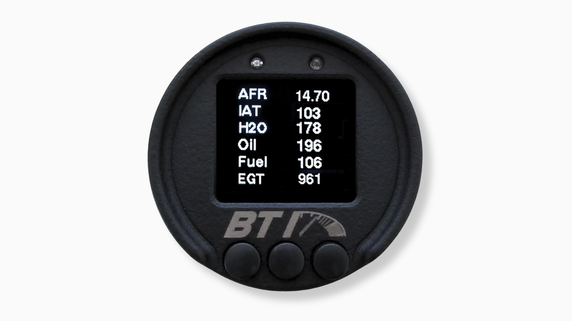 BTI 52mm CAN gauge six-parameter screen showing AFR, IAT, coolant, oil, fuel and EGT, Tuned By Shawn