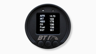 BTI 52mm CAN gauge six-parameter screen showing AFR, IAT, coolant, oil, fuel and EGT, Tuned By Shawn