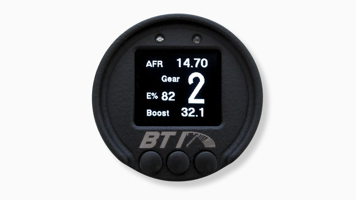 BTI 52mm CAN gauge gear screen showing calculated gear with AFR, ethanol percent and boost, Tuned By Shawn