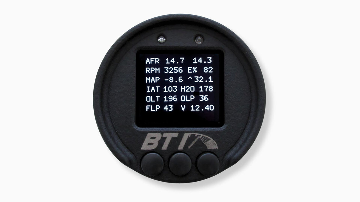 BTI 52mm CAN gauge twelve-parameter diagnostic screen with AFR, RPM, MAP, temps, pressures and battery volts, Tuned By Shawn