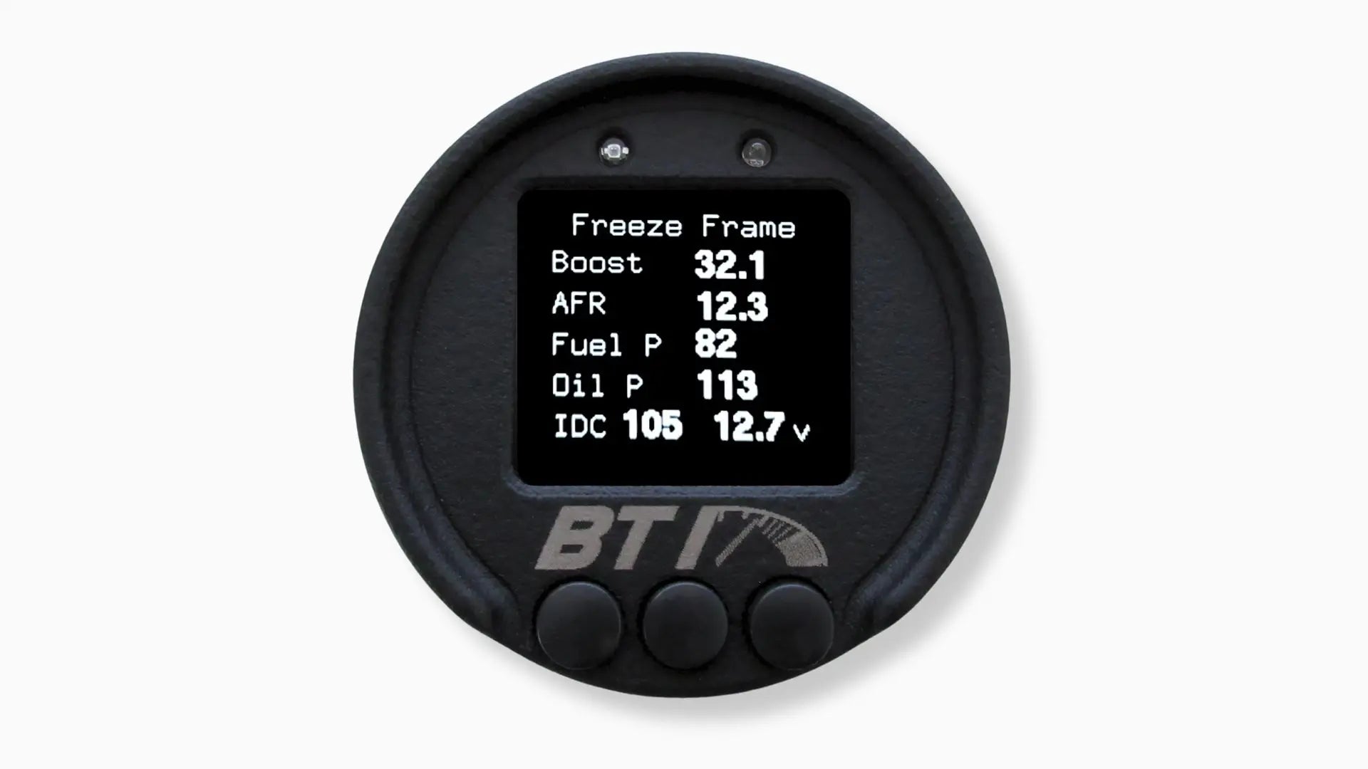 BTI 52mm CAN gauge boost freeze frame screen capturing boost, AFR, fuel pressure, oil pressure and injector duty at peak, Tuned By Shawn