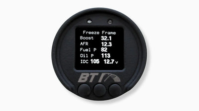 BTI 52mm CAN gauge boost freeze frame screen capturing boost, AFR, fuel pressure, oil pressure and injector duty at peak, Tuned By Shawn