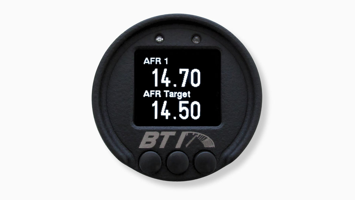 BTI 52mm CAN gauge double parameter screen showing AFR 1 and AFR target, Tuned By Shawn