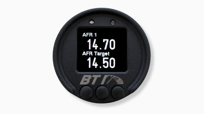 BTI 52mm CAN gauge double parameter screen showing AFR 1 and AFR target, Tuned By Shawn
