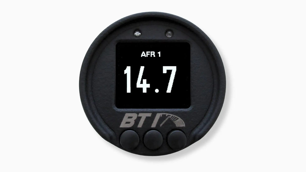BTI 52mm CAN gauge single parameter screen showing AFR 1 in large digits, Tuned By Shawn