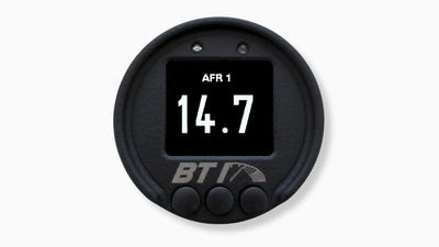 BTI 52mm CAN gauge single parameter screen showing AFR 1 in large digits, Tuned By Shawn