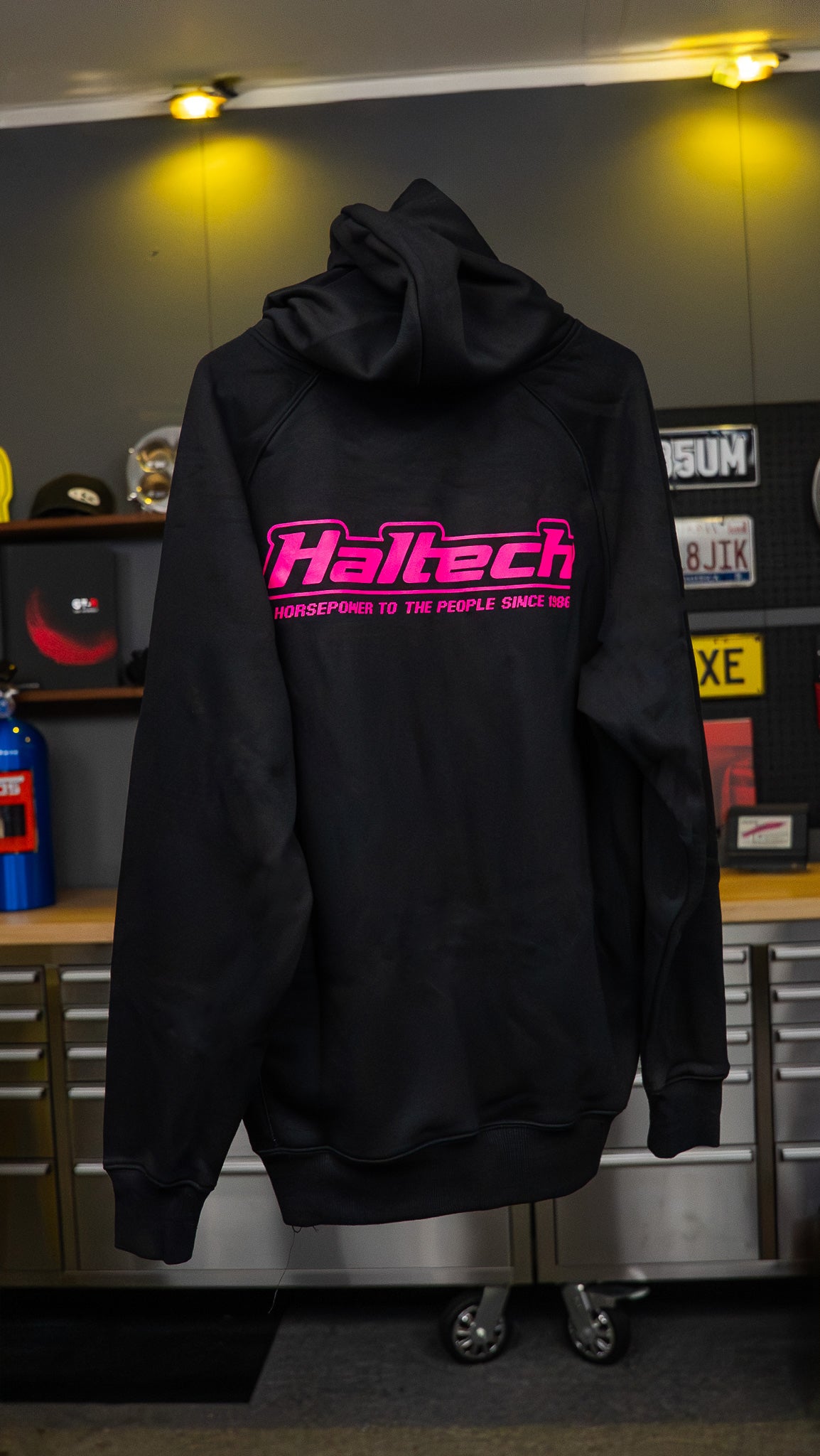 Haltech New Classic Hoodie - Black with Pink Logo (view 2)