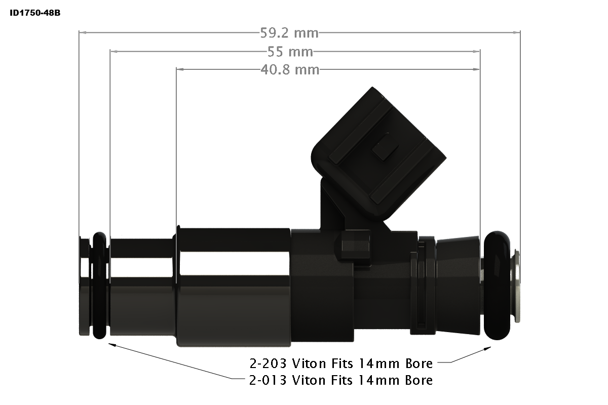 ID1750-XDS 48mm body dimensional drawing, 48mm body, 14mm adapter top, 14mm bottom adapter