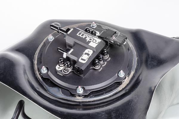 Billet Radium Evo X fuel pump hanger with collector box, sold by Tuned By Shawn