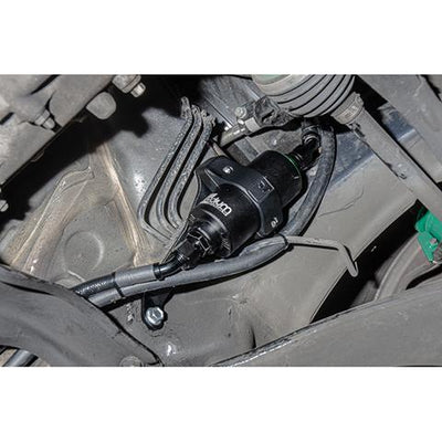 Radium Subaru filter bracket mounted to OEM chassis holes, sold by Tuned By Shawn