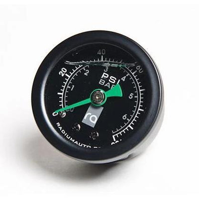 Radium Engineering 0-100psi fuel pressure gauge with black bezel at Tuned By Shawn