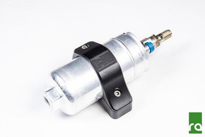 Radium single 60mm clamp holding a high flow fuel filter, sold by Tuned By Shawn