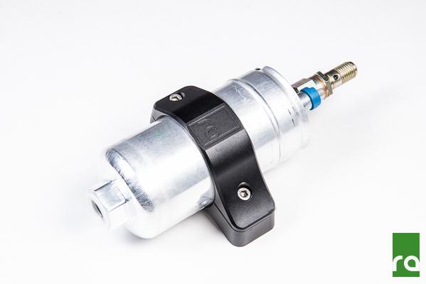 Radium single 60mm clamp holding a high flow fuel filter, sold by Tuned By Shawn