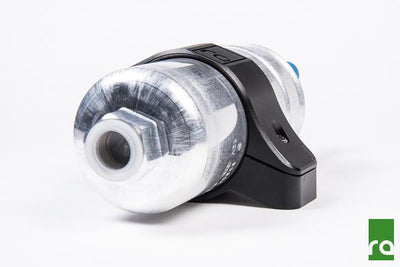 Radium single 60mm clamp holding a high flow fuel filter, sold by Tuned By Shawn