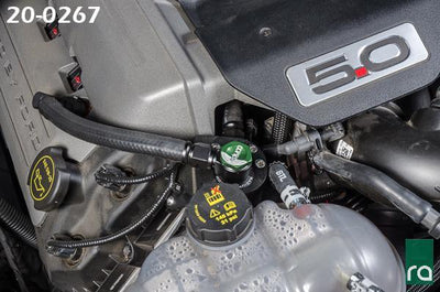 Radium catch can on Coyote 5.0 engine bank, Tuned By Shawn